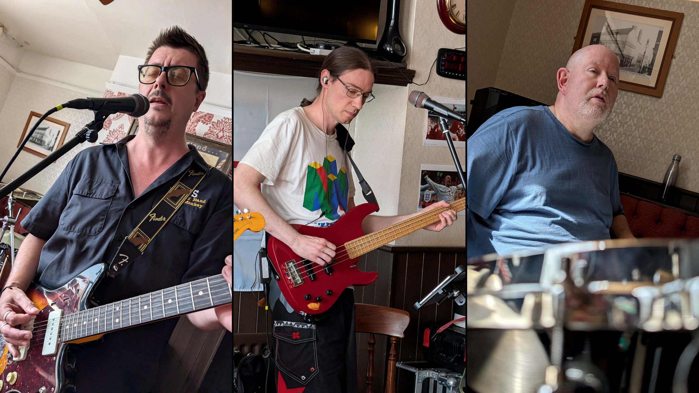 The three members of Hazy Shade playing live: guitar and vocals, bass, and drums
